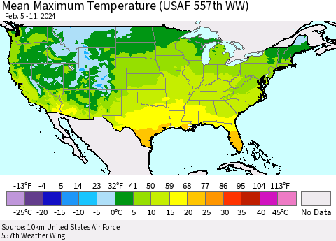 United States Mean Maximum Temperature (USAF 557th WW) Thematic Map For 2/5/2024 - 2/11/2024