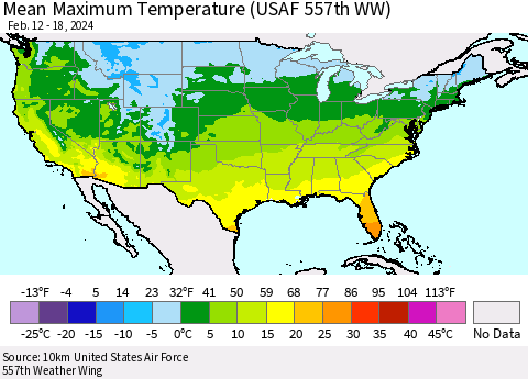 United States Mean Maximum Temperature (USAF 557th WW) Thematic Map For 2/12/2024 - 2/18/2024