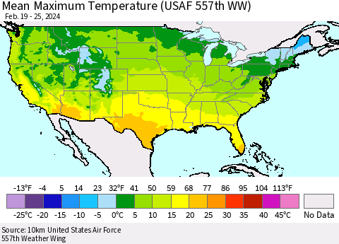 United States Mean Maximum Temperature (USAF 557th WW) Thematic Map For 2/19/2024 - 2/25/2024