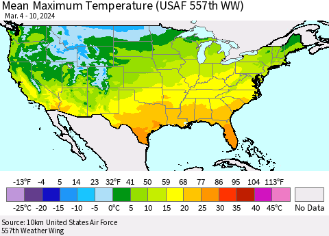 United States Mean Maximum Temperature (USAF 557th WW) Thematic Map For 3/4/2024 - 3/10/2024