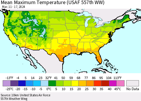United States Mean Maximum Temperature (USAF 557th WW) Thematic Map For 3/11/2024 - 3/17/2024