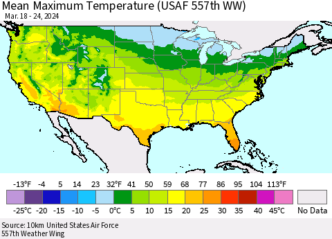United States Mean Maximum Temperature (USAF 557th WW) Thematic Map For 3/18/2024 - 3/24/2024