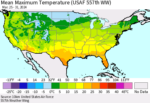 United States Mean Maximum Temperature (USAF 557th WW) Thematic Map For 3/25/2024 - 3/31/2024