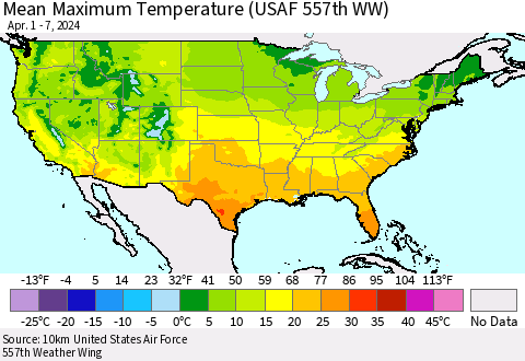 United States Mean Maximum Temperature (USAF 557th WW) Thematic Map For 4/1/2024 - 4/7/2024
