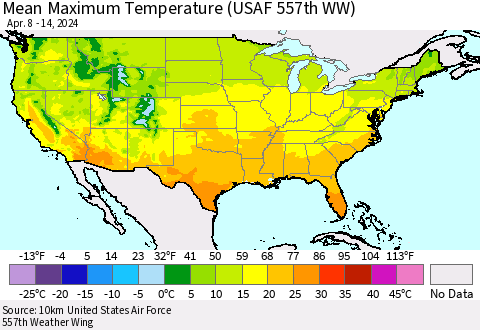 United States Mean Maximum Temperature (USAF 557th WW) Thematic Map For 4/8/2024 - 4/14/2024