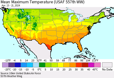 United States Mean Maximum Temperature (USAF 557th WW) Thematic Map For 4/15/2024 - 4/21/2024