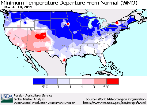 United States Mean Minimum Temperature Departure from Normal (WMO) Thematic Map For 3/4/2019 - 3/10/2019