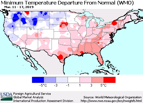 United States Mean Minimum Temperature Departure from Normal (WMO) Thematic Map For 3/11/2019 - 3/17/2019