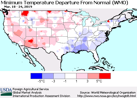 United States Mean Minimum Temperature Departure from Normal (WMO) Thematic Map For 3/18/2019 - 3/24/2019