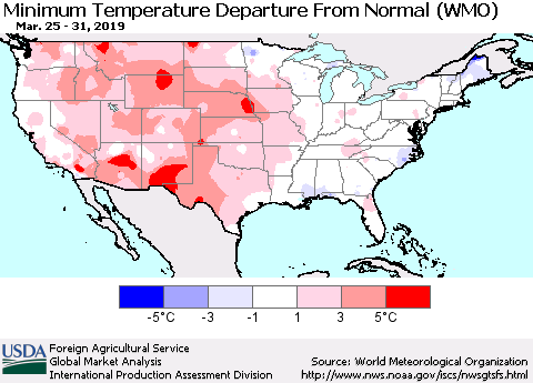 United States Mean Minimum Temperature Departure from Normal (WMO) Thematic Map For 3/25/2019 - 3/31/2019