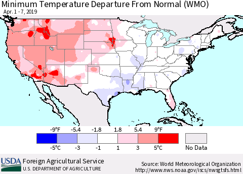 United States Mean Minimum Temperature Departure from Normal (WMO) Thematic Map For 4/1/2019 - 4/7/2019