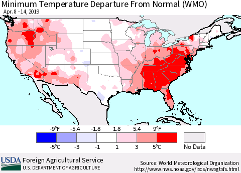 United States Mean Minimum Temperature Departure from Normal (WMO) Thematic Map For 4/8/2019 - 4/14/2019