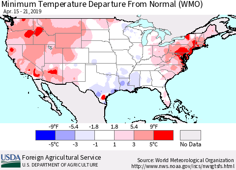 United States Mean Minimum Temperature Departure from Normal (WMO) Thematic Map For 4/15/2019 - 4/21/2019