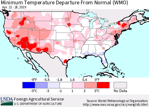 United States Mean Minimum Temperature Departure from Normal (WMO) Thematic Map For 4/22/2019 - 4/28/2019