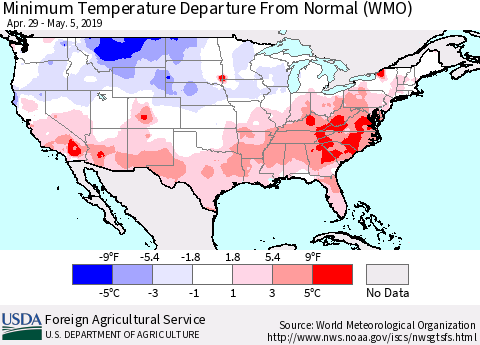 United States Mean Minimum Temperature Departure from Normal (WMO) Thematic Map For 4/29/2019 - 5/5/2019
