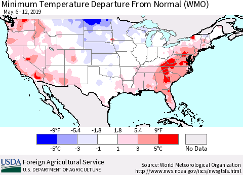 United States Mean Minimum Temperature Departure from Normal (WMO) Thematic Map For 5/6/2019 - 5/12/2019