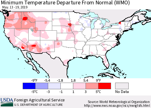 United States Mean Minimum Temperature Departure from Normal (WMO) Thematic Map For 5/13/2019 - 5/19/2019