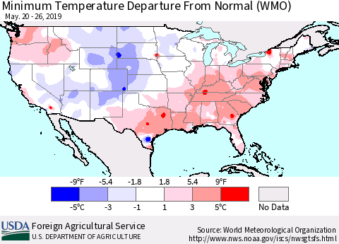 United States Mean Minimum Temperature Departure from Normal (WMO) Thematic Map For 5/20/2019 - 5/26/2019