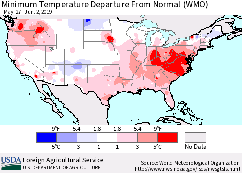 United States Mean Minimum Temperature Departure from Normal (WMO) Thematic Map For 5/27/2019 - 6/2/2019