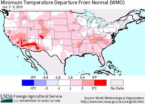 United States Mean Minimum Temperature Departure from Normal (WMO) Thematic Map For 6/3/2019 - 6/9/2019
