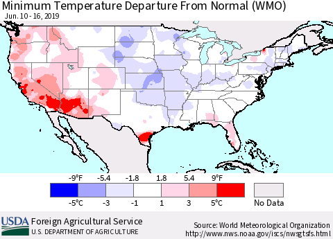 United States Mean Minimum Temperature Departure from Normal (WMO) Thematic Map For 6/10/2019 - 6/16/2019