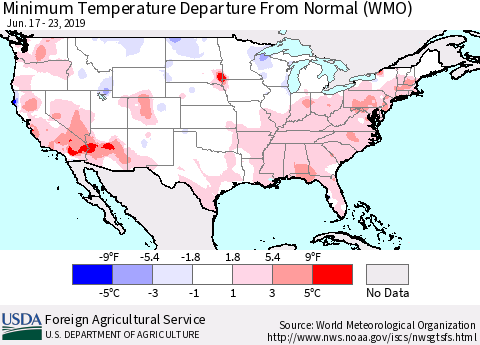 United States Mean Minimum Temperature Departure from Normal (WMO) Thematic Map For 6/17/2019 - 6/23/2019