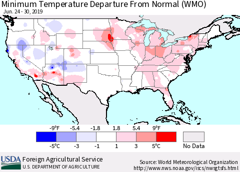 United States Mean Minimum Temperature Departure from Normal (WMO) Thematic Map For 6/24/2019 - 6/30/2019