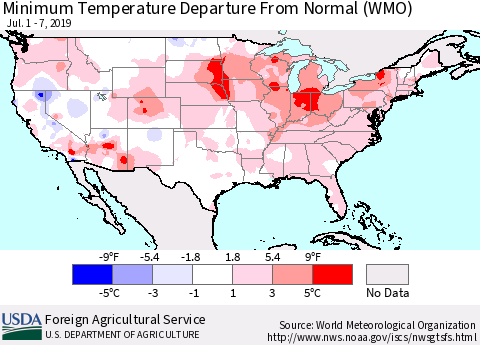 United States Mean Minimum Temperature Departure from Normal (WMO) Thematic Map For 7/1/2019 - 7/7/2019