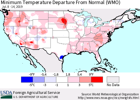 United States Mean Minimum Temperature Departure from Normal (WMO) Thematic Map For 7/8/2019 - 7/14/2019