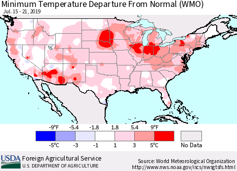 United States Mean Minimum Temperature Departure from Normal (WMO) Thematic Map For 7/15/2019 - 7/21/2019