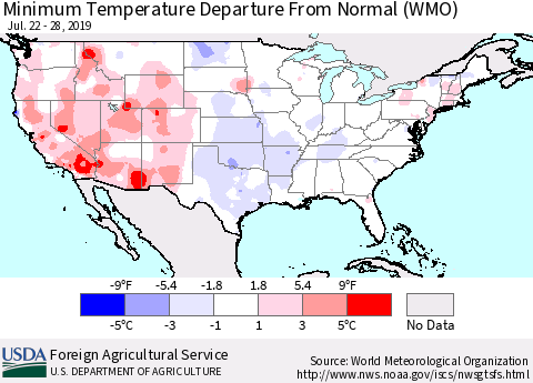United States Mean Minimum Temperature Departure from Normal (WMO) Thematic Map For 7/22/2019 - 7/28/2019