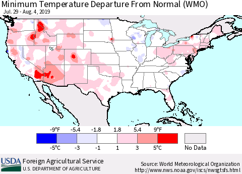 United States Mean Minimum Temperature Departure from Normal (WMO) Thematic Map For 7/29/2019 - 8/4/2019
