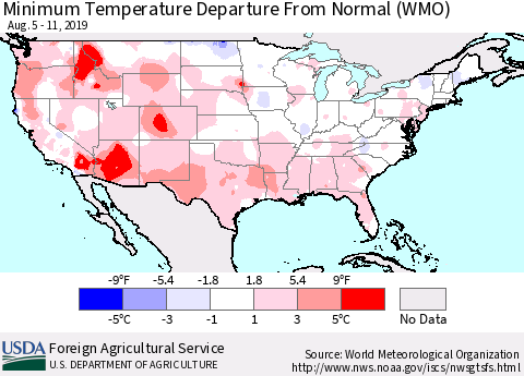 United States Mean Minimum Temperature Departure from Normal (WMO) Thematic Map For 8/5/2019 - 8/11/2019
