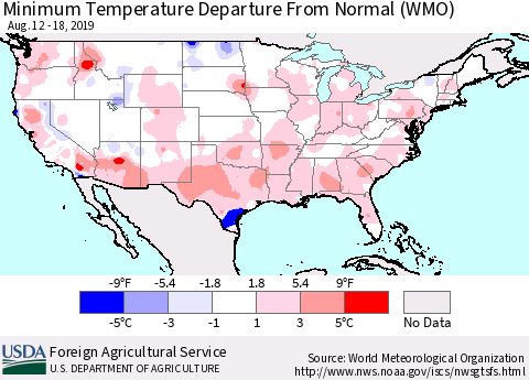 United States Mean Minimum Temperature Departure from Normal (WMO) Thematic Map For 8/12/2019 - 8/18/2019