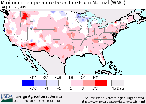 United States Mean Minimum Temperature Departure from Normal (WMO) Thematic Map For 8/19/2019 - 8/25/2019