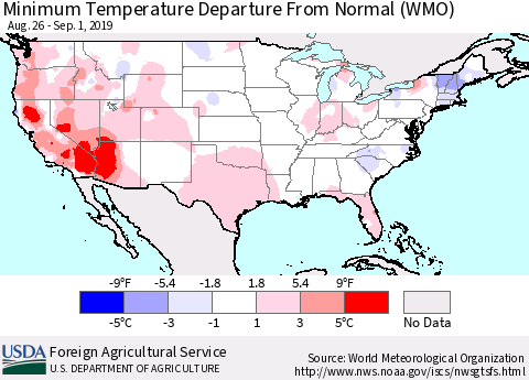 United States Mean Minimum Temperature Departure from Normal (WMO) Thematic Map For 8/26/2019 - 9/1/2019