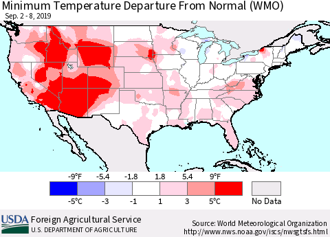 United States Mean Minimum Temperature Departure from Normal (WMO) Thematic Map For 9/2/2019 - 9/8/2019
