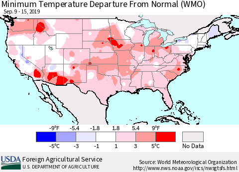 United States Mean Minimum Temperature Departure from Normal (WMO) Thematic Map For 9/9/2019 - 9/15/2019