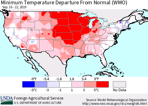 United States Mean Minimum Temperature Departure from Normal (WMO) Thematic Map For 9/16/2019 - 9/22/2019