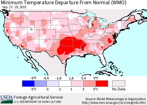 United States Mean Minimum Temperature Departure from Normal (WMO) Thematic Map For 9/23/2019 - 9/29/2019