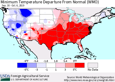 United States Mean Minimum Temperature Departure from Normal (WMO) Thematic Map For 9/30/2019 - 10/6/2019
