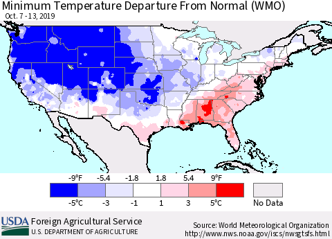 United States Mean Minimum Temperature Departure from Normal (WMO) Thematic Map For 10/7/2019 - 10/13/2019