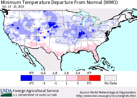 United States Mean Minimum Temperature Departure from Normal (WMO) Thematic Map For 10/14/2019 - 10/20/2019