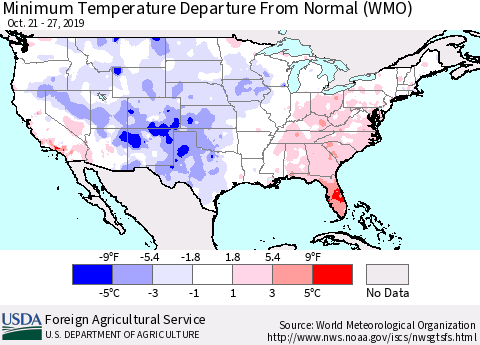 United States Mean Minimum Temperature Departure from Normal (WMO) Thematic Map For 10/21/2019 - 10/27/2019