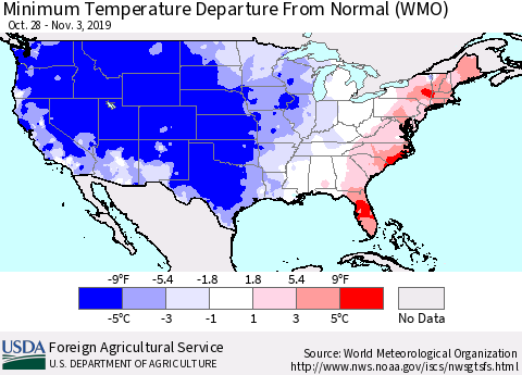United States Mean Minimum Temperature Departure from Normal (WMO) Thematic Map For 10/28/2019 - 11/3/2019