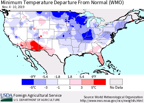 United States Mean Minimum Temperature Departure from Normal (WMO) Thematic Map For 11/4/2019 - 11/10/2019