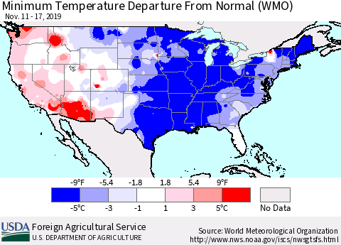 United States Mean Minimum Temperature Departure from Normal (WMO) Thematic Map For 11/11/2019 - 11/17/2019