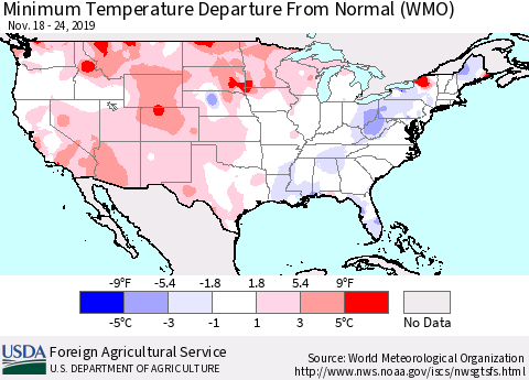 United States Mean Minimum Temperature Departure from Normal (WMO) Thematic Map For 11/18/2019 - 11/24/2019