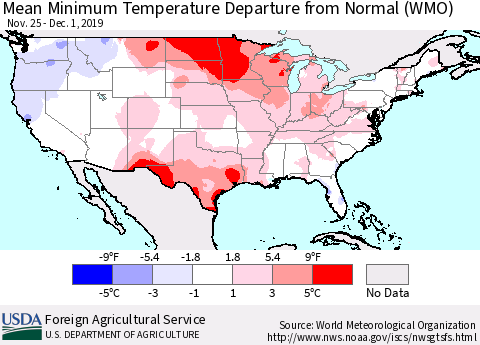 United States Mean Minimum Temperature Departure from Normal (WMO) Thematic Map For 11/25/2019 - 12/1/2019