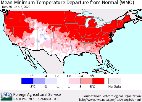 United States Mean Minimum Temperature Departure from Normal (WMO) Thematic Map For 12/30/2019 - 1/5/2020